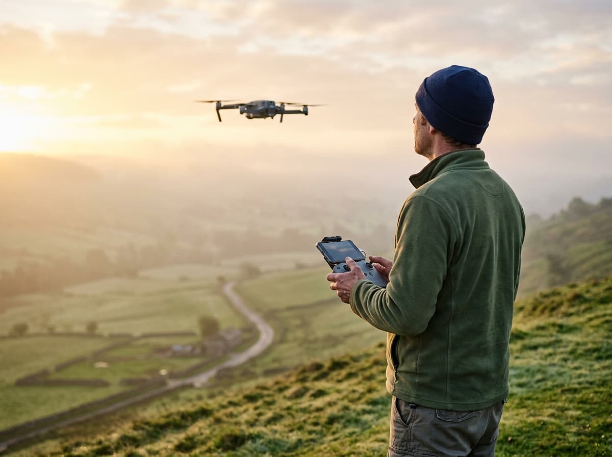 Piloto de drone em uma colina ao nascer do sol, observando o drone no ar.
