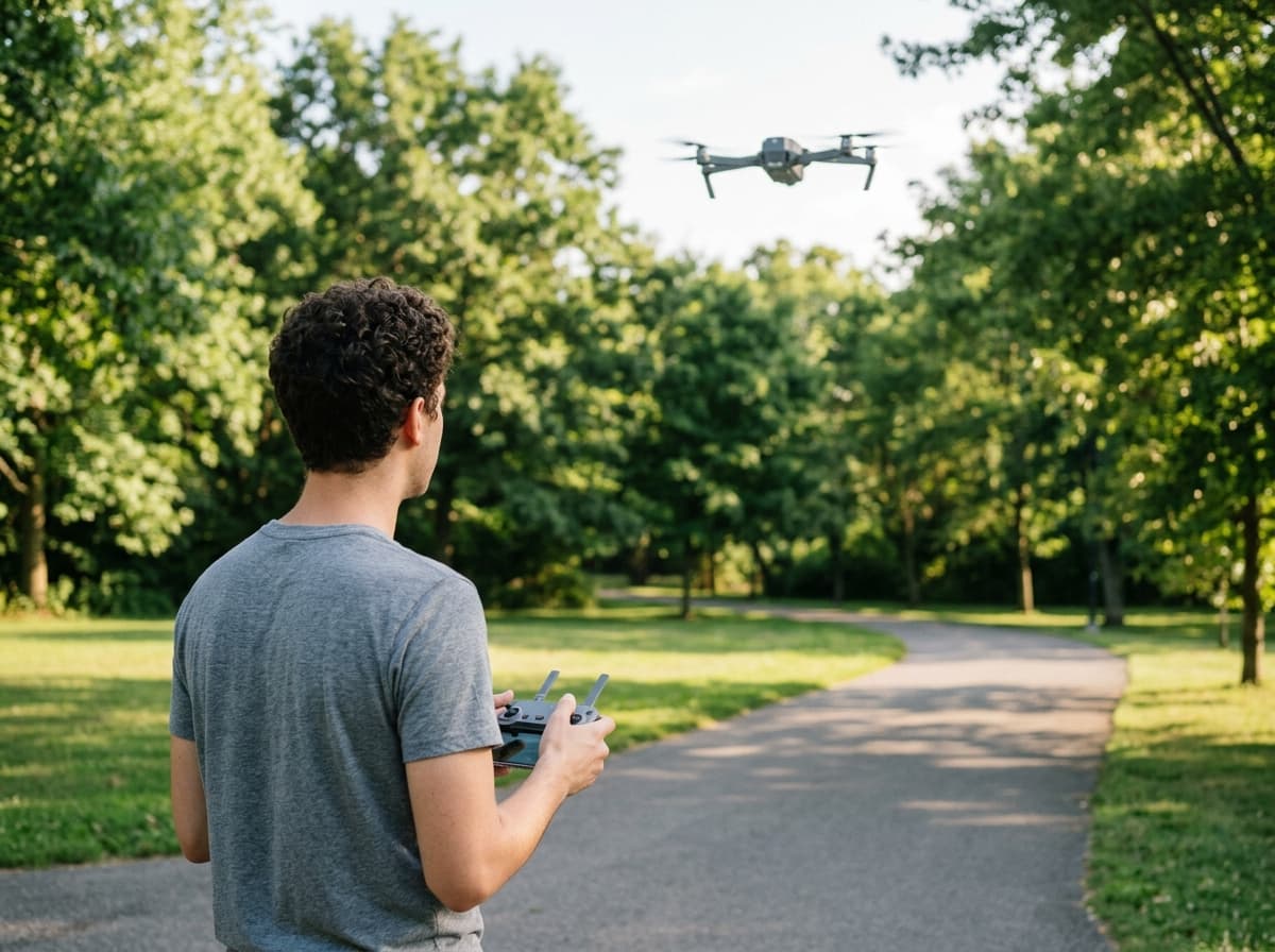 Pessoa pilotando um drone compacto em um parque.