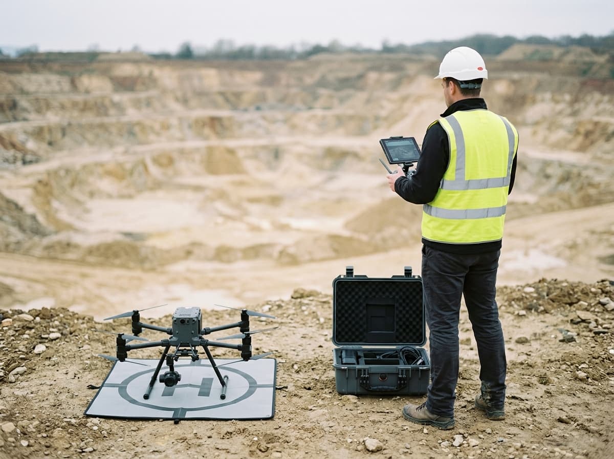 Piloto profissional de drone em uma pedreira, com o equipamento de levantamento.