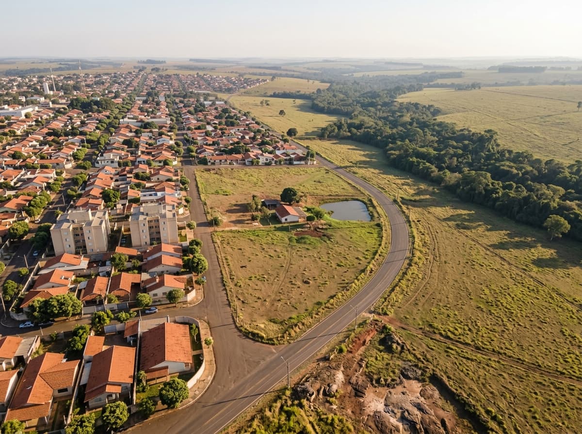 Vista aérea da borda de uma cidade pequena, com casas, um sítio e áreas verdes.