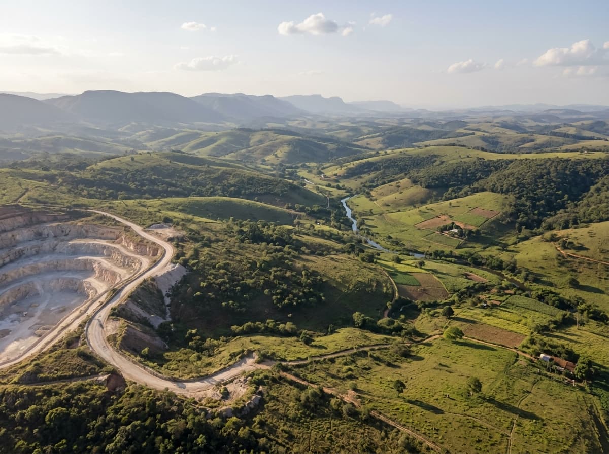Vista aérea de uma pedreira e de áreas de vegetação ao redor, com colinas ao fundo.